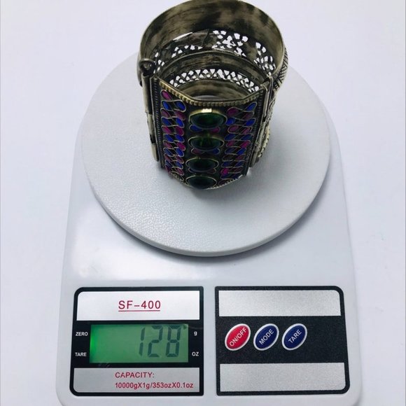 Single Golden Vintage Gyps Gypsy Cuff Bracelet, Boho Cuff With Big Glass Stones - Picture 4 of 4